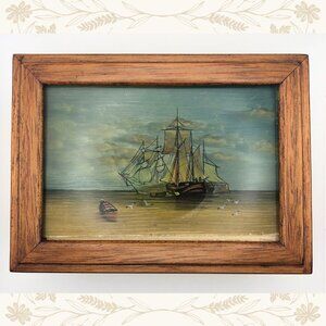 Vintage Wooden Jewelry Box – Ship Scene
